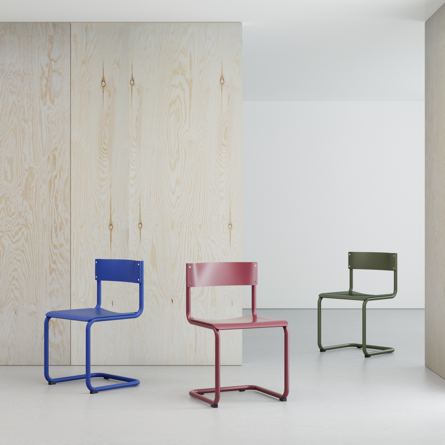 Tre stole i blå, rustrød og grøn fra Anno Studio
